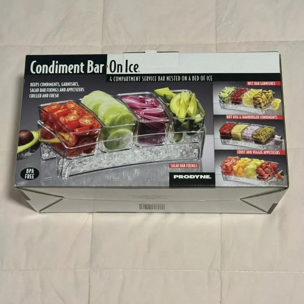 Clear Condiment 4 Compartments Service Bar nested on bed of ICE New in B…